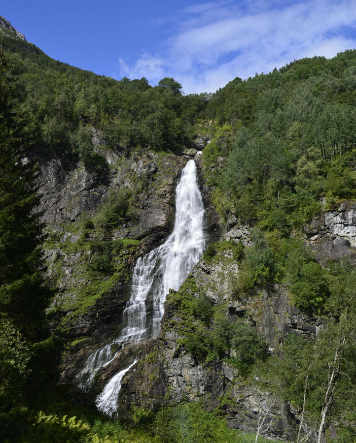 ... а через пару минут Sivlefossen (142 м). Около каждого водопада автобус делает минутный фотостоп. Дорога плюс водопады — это пять минут практически детского восторга. Флом, Норвегия