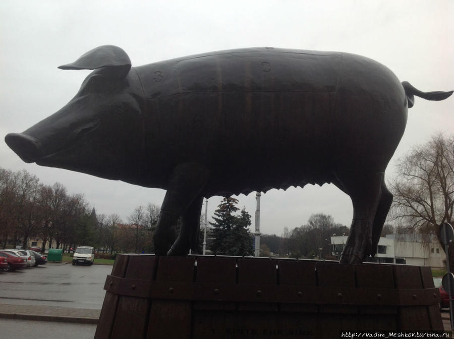 Скульптура смеющейся свиньи у рынка в городе Тарту (Эстония). Свинья символизирует богатство и торговлю. Тарту, Эстония