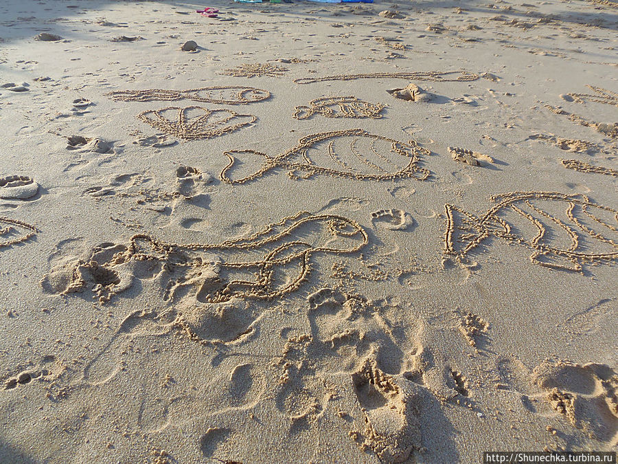 А девочкам — рисовать на песке перышками чаек. Албуфейра, Португалия
