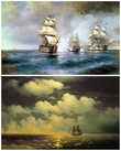 Картины Ивана Айвазовского : Бриг «Меркурий», атакованный двумя турецкими кораблями (1892) и Бриг «Меркурий» после победы над двумя турецкими кораблями встречается с русской эскадрой (1848)