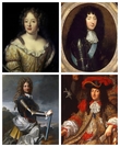 Верхний ряд: Лизелотта и ее супруг герцог Филипп Орлеанский. Нижний ряд: их сын Филипп II  и король Франции Людовик XIV