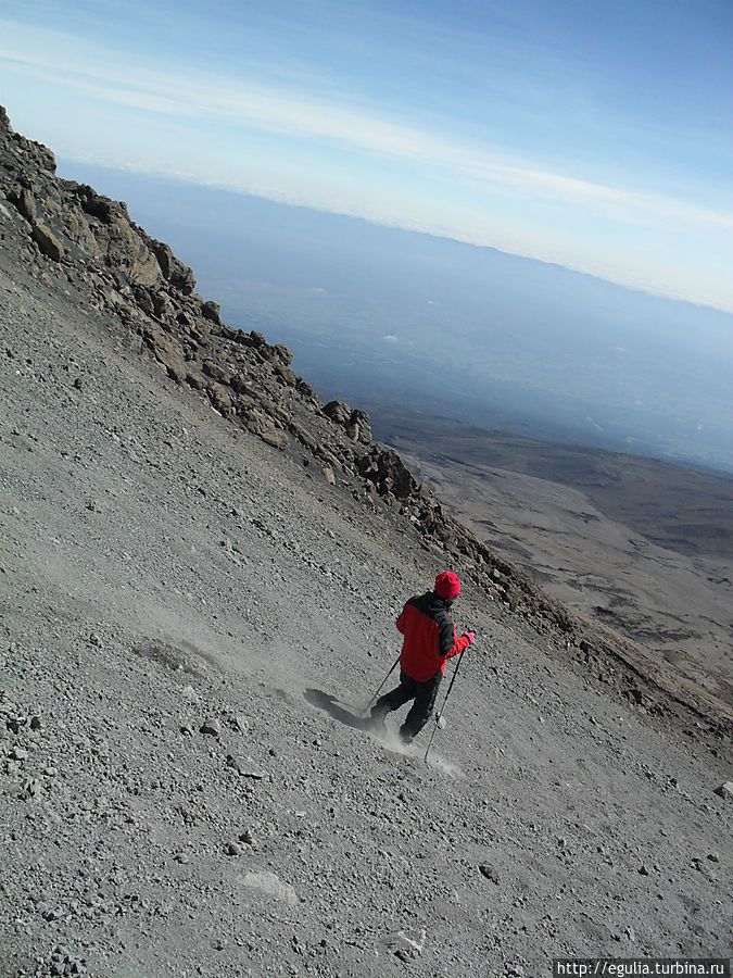вниз по сыпухе Гора (вулкан) Килиманджаро (5895м), Танзания
