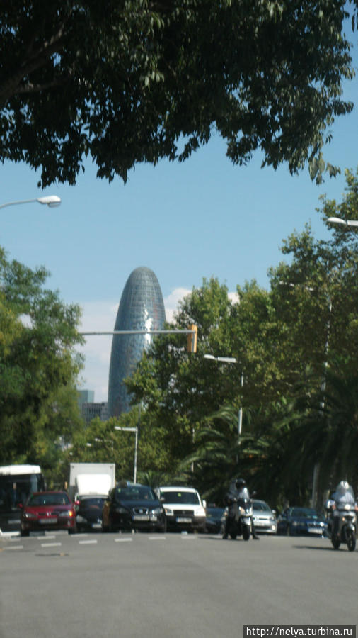 Вдалеке авангардная башня в 142 м., спроектированная французским архитектором Джон Нобелем.
На 34 её этажах располагаются офисы крупнейшего водяного магната фирмы Агуас де Барселона
Горожане не очень любят это творение, называя его и палец и огурец и ещё как то Барселона, Испания