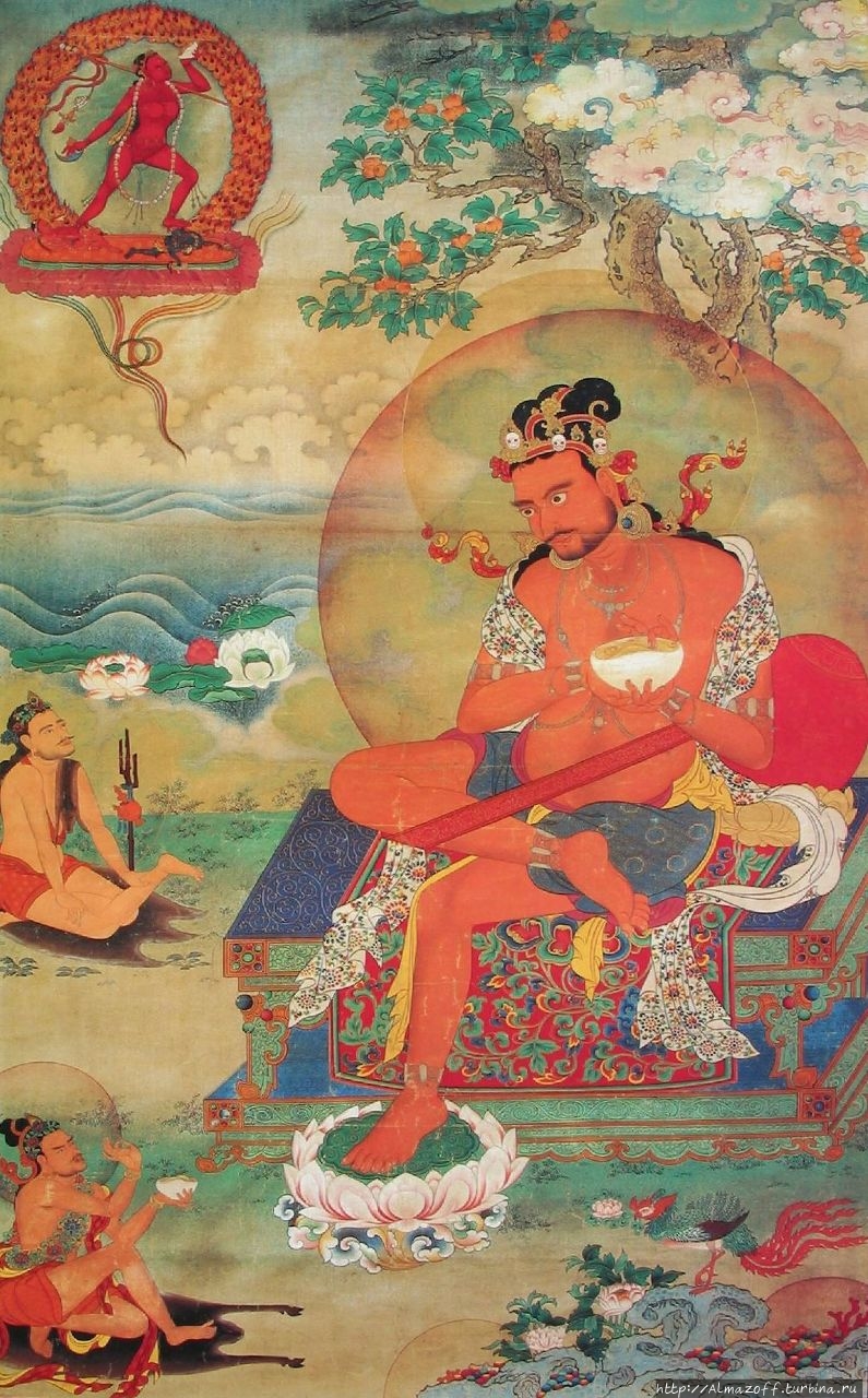 Тханка Махасиддхи Наропы с его йидамом Ваджрайогини (в верхнем левом углу) и меньшими фигурами его непальских учеников, братьев Фамтингпа.