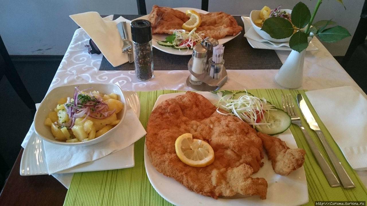 Шницель и картофельный салат в кафе GRAV, Вена. Вена, Австрия