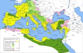 Расширение Римской империи при Октавиане Августе (жёлтым цветом показана территория на 31 год до н. э.; тёмно-зелёным — завоевания в 31—19 годах до н. э.; салатовым — в 19—9 годах до н. э.; светло-зелёным — с 9 года до н. э. по 6 год; розовым — клиентские царства (из Интернета)