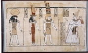 На папирусе, хранящемся в Британском музее изображены слева направо боги из Фиванской триады : Хонсу, Мут, Амон. В левой руке боги держат скипетр, в правой анх, один из наиболее значимых символов древних египтян. Считался символом вечной жизни и его клали  в гробницу фараонам, чтобы после смерти их души смогли продолжать жизнь в загробном мире Древнего Египта — Дуате. Вместе с ними изображен фараон Рамзес III (крайний справа).Фото из Интернета