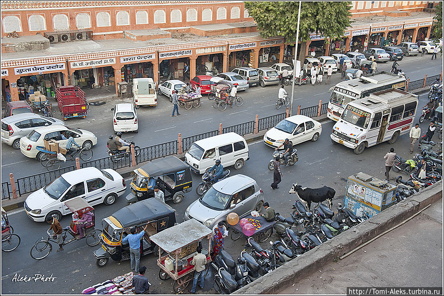 Внизу бурлила жизнь вечернего города. Вперемежку туда-сюда сновали машины, люди и коровы...
* Джайпур, Индия