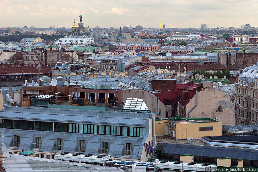 На переднем плане занавесочки одного из теперь многочисленных крышно-мансардовский кафе. На среднем плане слева на право — купола Спаса на Крови, Инженерный замок, и совсем вдалеке — Смольный собор Санкт-Петербург, Россия