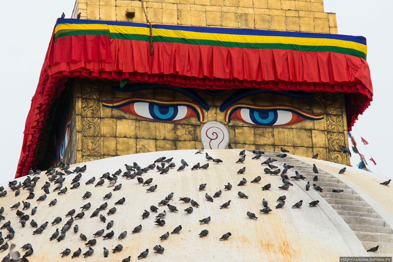 Глаза, нарисованные на всех сторонах ступы, символизируют всевидящее око Будды. Катманду, Непал