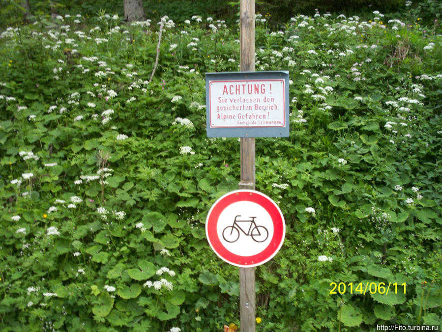 Предупреждение велосипедистам что запрещено съезжать на этом участке , но   кто сказал что нельзя.  Поэтому я не зря написал  Держаться правой стороны !!! Фюссен, Германия