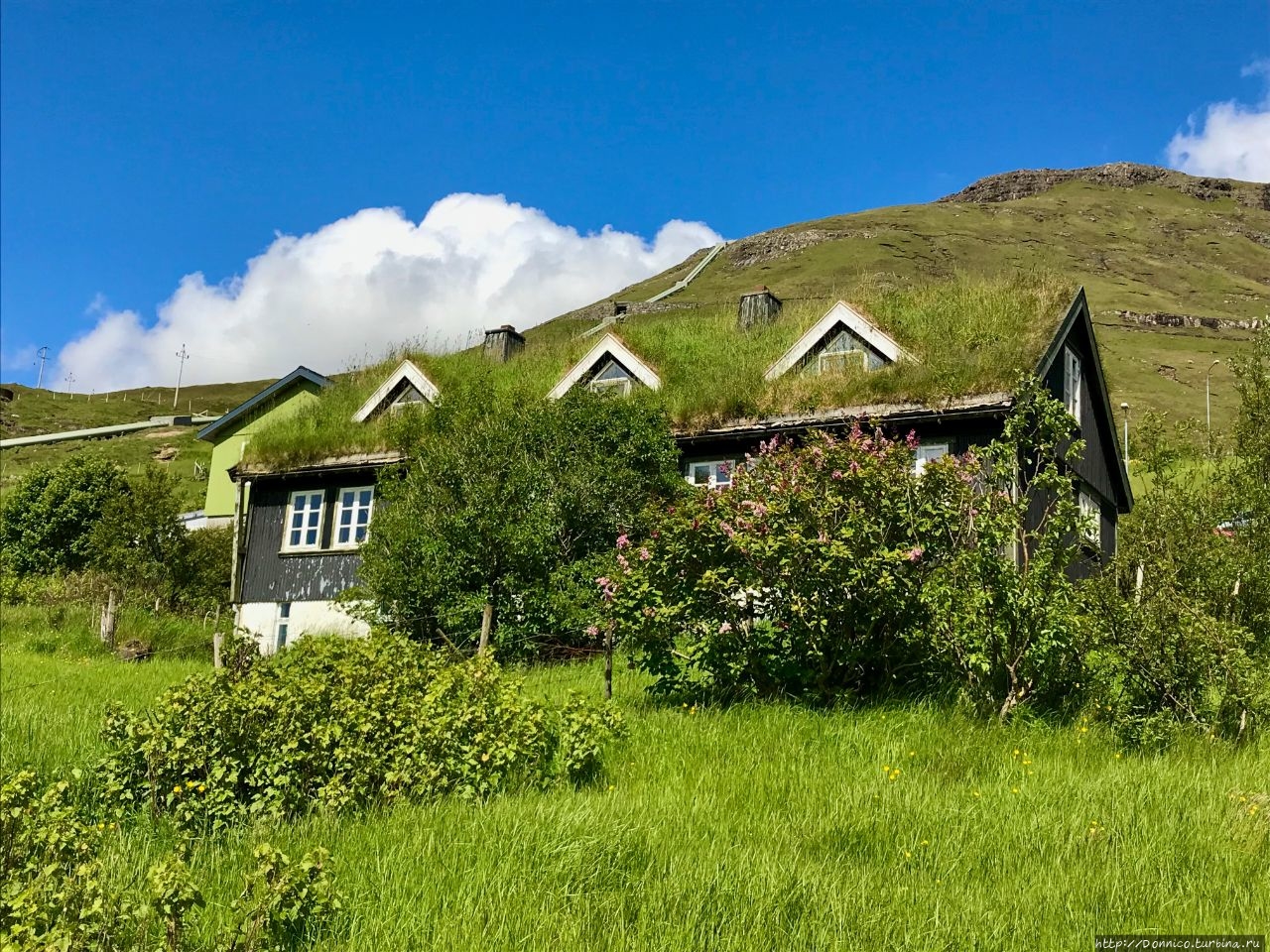 Традиционные фарерские домики с травяной крышей Озеро Сорвагсватн, Фареры