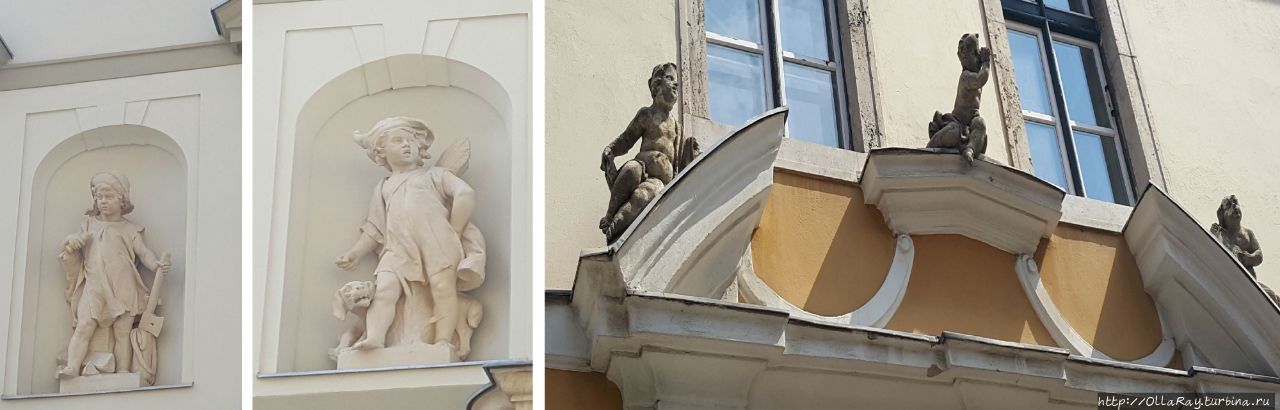 А ещё я обратила внимание, что на домах периодически встречаются скульптурные украшения.  И это как правило фигуры.  Обратите внимание на детей слева — какие-то вот недобрые дети — топор, злая собака... Хотя занятия олицетворяют самые мирные:) Будапешт, Венгрия