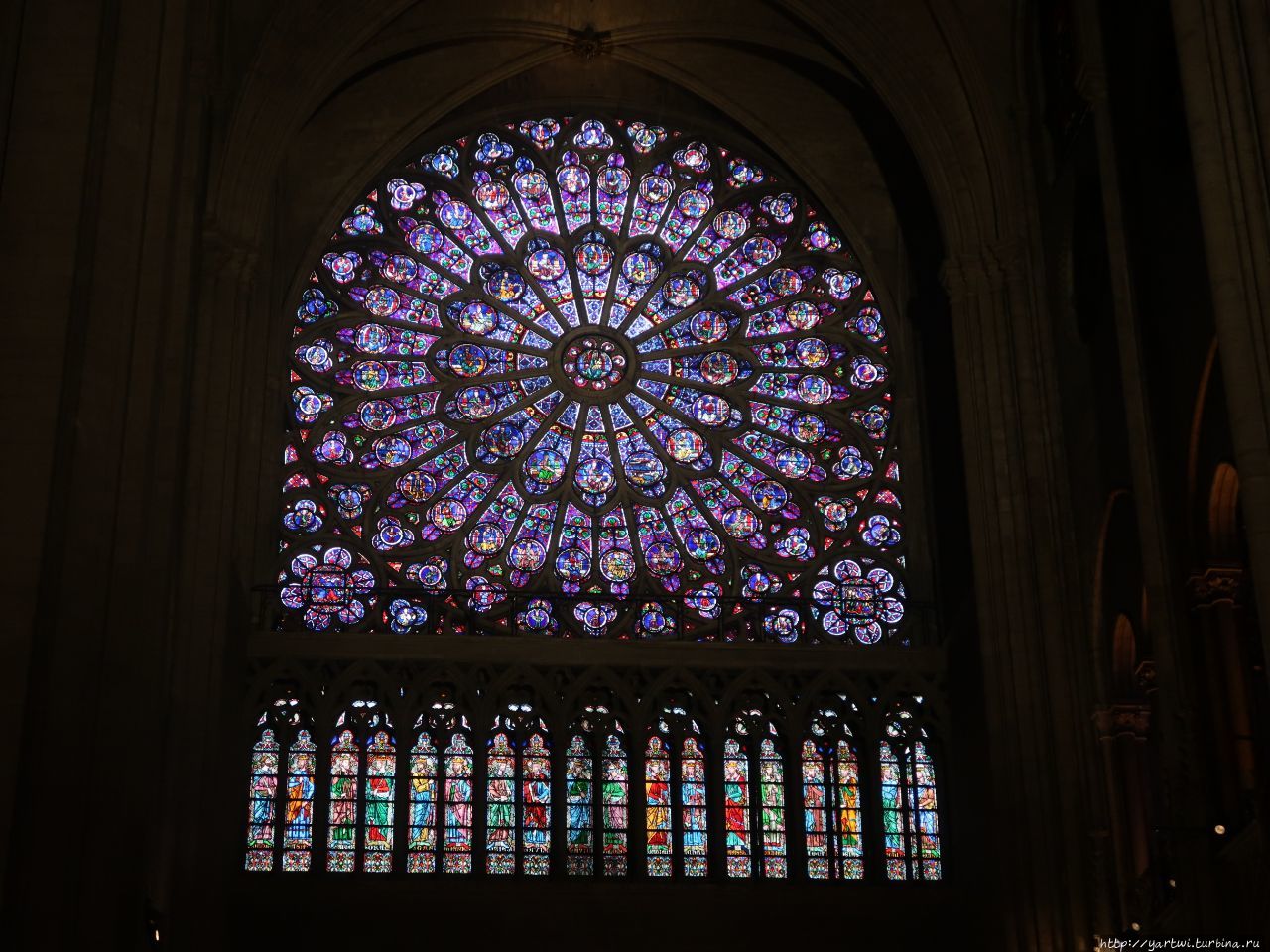 В соборе 110 застеклённых витражами окон. На фотографии — одна из трёх соборных роз XIII века. Париж, Франция
