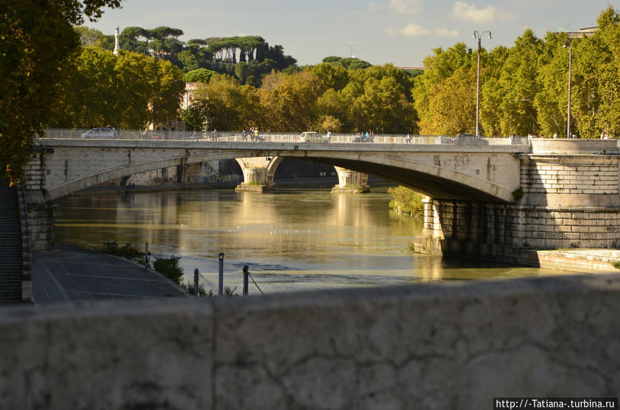 Мост Гарибальди с моста Честио.
Был построен в 1888 году. Соединяет Arenula с Трастевере, посвящен Героям двух войн, чьи легендарные дела выгравированы на мраморных колоннах моста. Рим, Италия