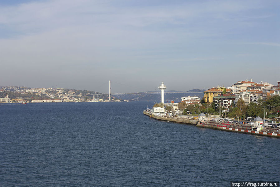 Панорама на Босфорский мост — первый висячий мост через Босфорский пролив. Он соединяет европейскую и азиатскую части Стамбула. Стамбул, Турция