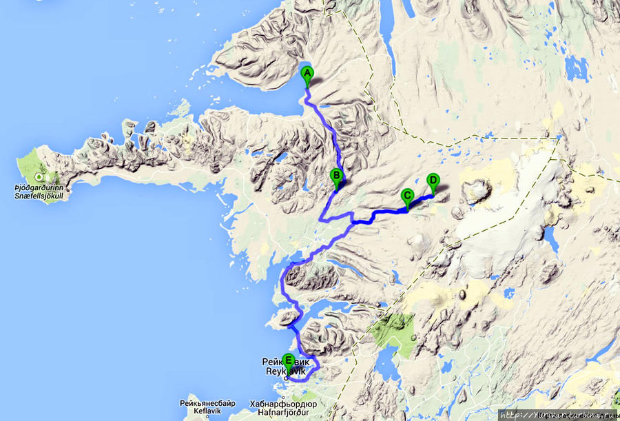 Маршрут 10-го дня путешествия. А — городок Dalbraut; В — кратеры Грауброукаргигар; С — водопады Хрёйнфоссар и Барнафоссар; D — горячий источник Дейлдатунгухвер Рейкьявик, Исландия