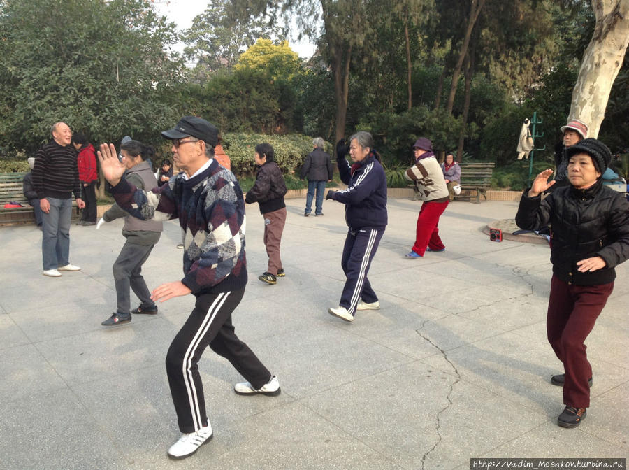 Китайцы в парках и на улицах занимаются оздоровительной гимнастикой цигун. Шанхай, Китай