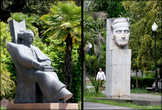 Слева — памятник Д.И.Гулиа (выдающийся абхазский писатель, основоположник абхазской письменной литературы).  Справа — памятник Ефрему Эшба (государственный деятель). На монументе до сих пор видны следы от пуль, как следствие грузино-абхазской войны.