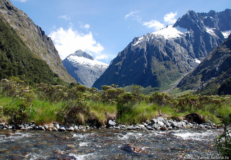 Горная речка перед фьордом Фьордленд Национальный Парк, Новая Зеландия