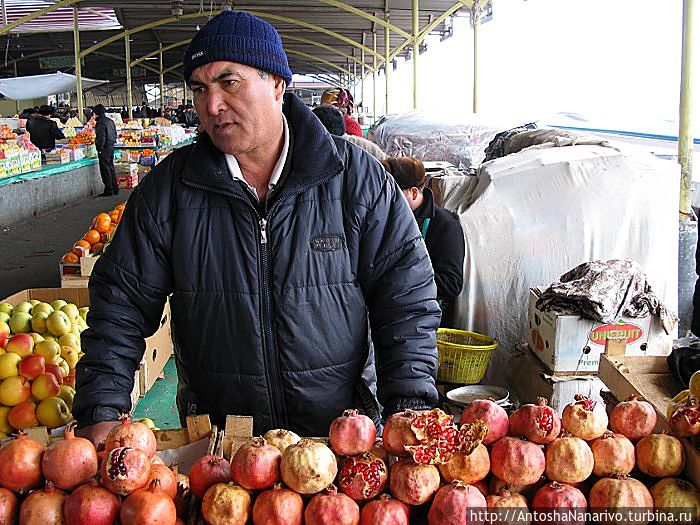 Продавец гранатов на базаре Чорсу. Узбекистан