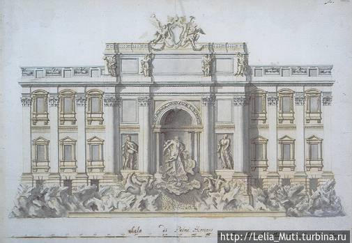 Проект по фонтана Треви: проспект фасада, 1733, ручка и коричневые чернила и черный мел, серый мыть и бистро, 397x557 мм Рим, Италия