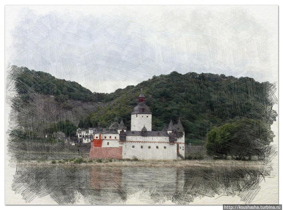 «Замок на Рейне» или «Рейнский замок» Пфальцграфенштайн (Burg Pfalzgrafenstein) на острове Falkenau со всех сторон окружен рекой.
 Это не жилой замок, а таможенный пункт, вернее место, где отнимали деньги, которые добровольно никто отдавать не хотел. Земля Рейнланд-Пфальц, Германия