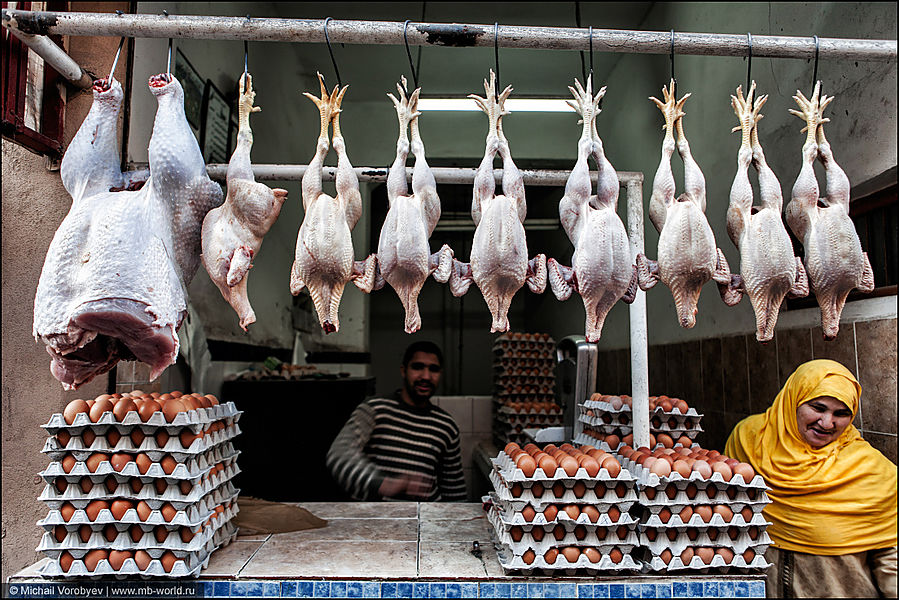 Уличная лавка. С левой стороны, висит тушка курицы-переростка Тарудан, Марокко