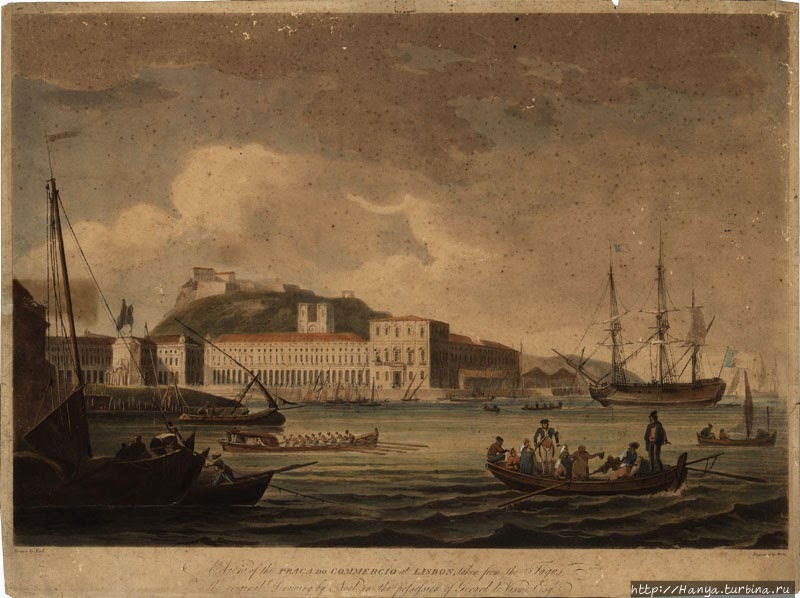 Гравюра Noel. Вид на Торговую площадь со стороны рнеки Тежу (1792 г.). Из интернета Лиссабон, Португалия