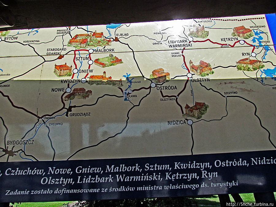 рядом карта замков, которые сохранились рядом с Ольштыном Ольштын, Польша