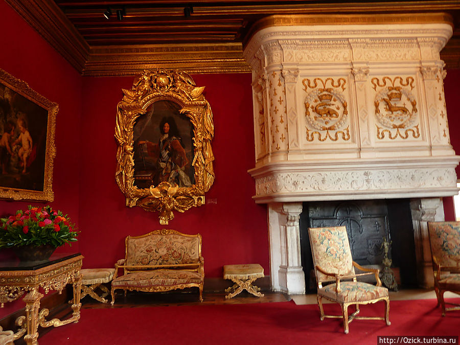 В салоне Людовика XIV (слева его портрет) на камине эпохи Возрождения Саламандра и Горностай напоминают о Франциске I и королеве Клод Французской Шенонсо, Франция