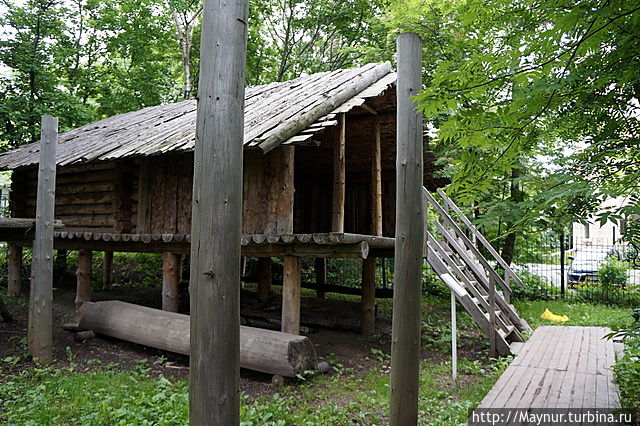 Это  летний домик  нивхов. Устанавливался на сваях в устьях  рек. Домики  нужны  были для  заготовки  красной  рыбы на зиму (юкола). Южно-Сахалинск, Россия