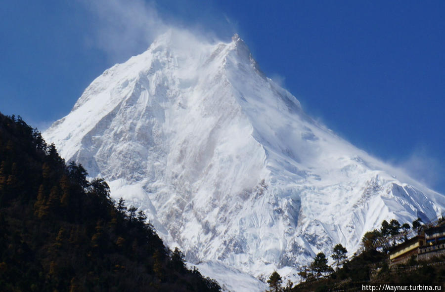 Красавица   Манаслу.   Мы   приблизились    к   вершине   настолько,  что   хорошо   видно   сдуваемый   снег. Покхара, Непал