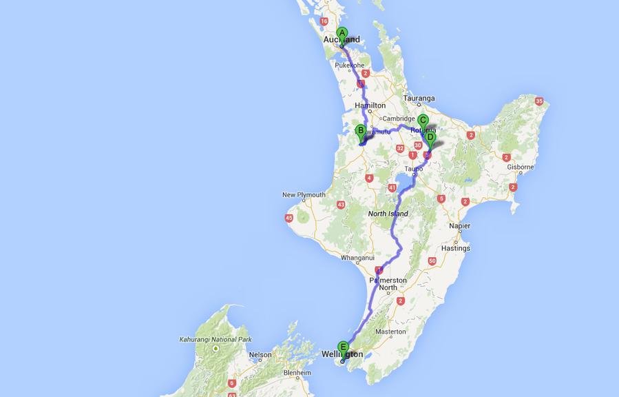 Маршрут по Северному острову: А — Окленд, B — Пещера светлячков, C — Роторуа, D — Вай-О-Тапу, E — Веллингтон Веллингтон, Новая Зеландия