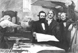 Карл Маркс и Фридрих Энгельс в типографии, где печатают ’Neue Rheinische Zeitung’. Художник E.Capiro (из Интернета)