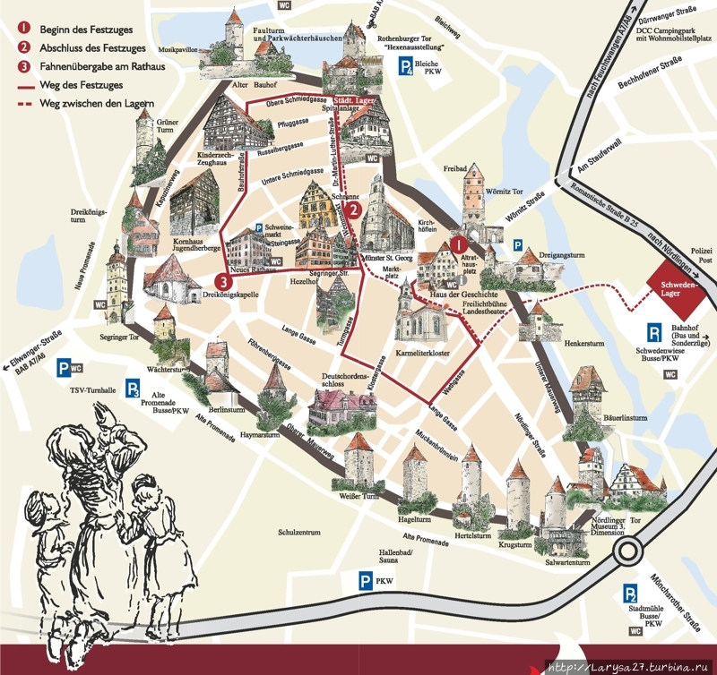 Схема маршрута, по которому проходит шествие детей во время праздника Киндерцехе. Динкельсбюль, Германия