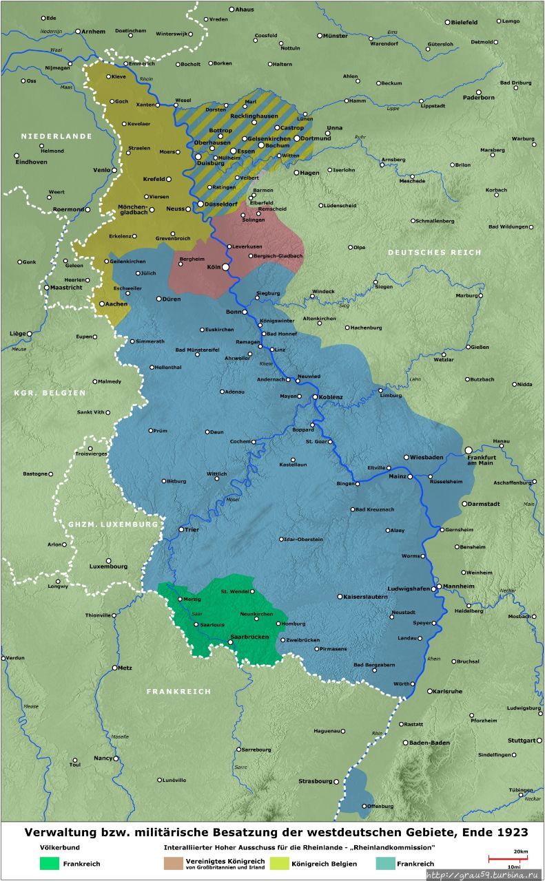 Зоны оккупации Рейнской области в 1923 г.: бельгийская — жёлтый, британская — красный, французская — синий, территория Саара — зелёный (из Интернета) Кёльн, Германия