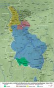 Зоны оккупации Рейнской области в 1923 г.: бельгийская — жёлтый, британская — красный, французская — синий, территория Саара — зелёный (из Интернета)