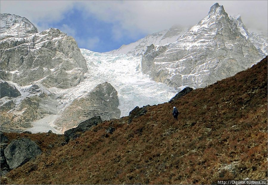 От такой картины мы просто остолбенели. Перед нами краем показался ледник, просочившийся меж двух скал. Одна — огромная бесформенная глыба, зато другая — почти  правильная пирамидка, которую творец  любовно  когда-то высекал... Лангтанг, Непал