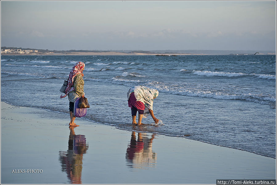 Мне кажется, что марокканцы совсем не приучены купаться. Они лишь ходят вдоль кромки воды или сидят на берегу, закутанные в свои джелябы...
*