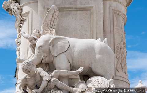 Слава, ведущая слона (представляющего Азию) над человеческой фигурой (представляющей Африку).Из интернета