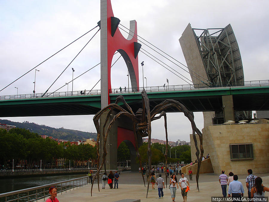 Панорама музея Гуггенхайма в Бильбао. Слева вдалеке виден пешеходный мост Субисури.Музей Гуггенхайма в центре Бильбао со скульптурой паука, выполненной Луизой Буржуа.