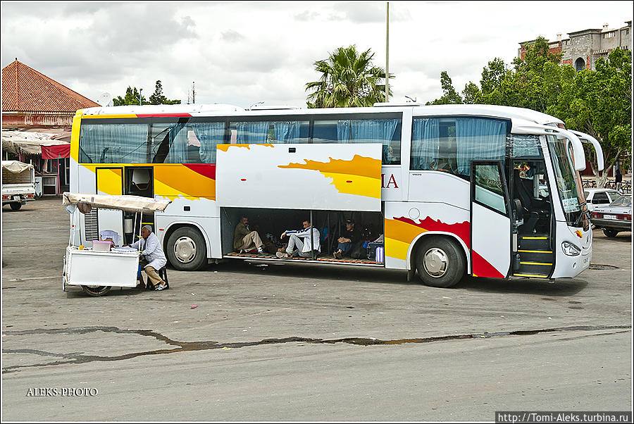 В автобусах здесь ездят не только в салоне, но и, когда не хватает мест, — в багажном отсеке...
* Сафи, Марокко