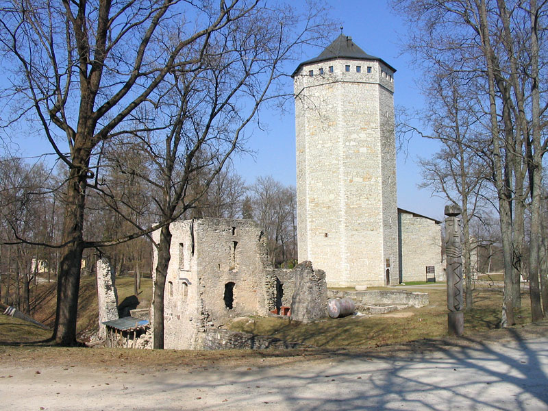 Восстанговленная башня Валлиторн посреди руин крепости Пайде, Эстония
