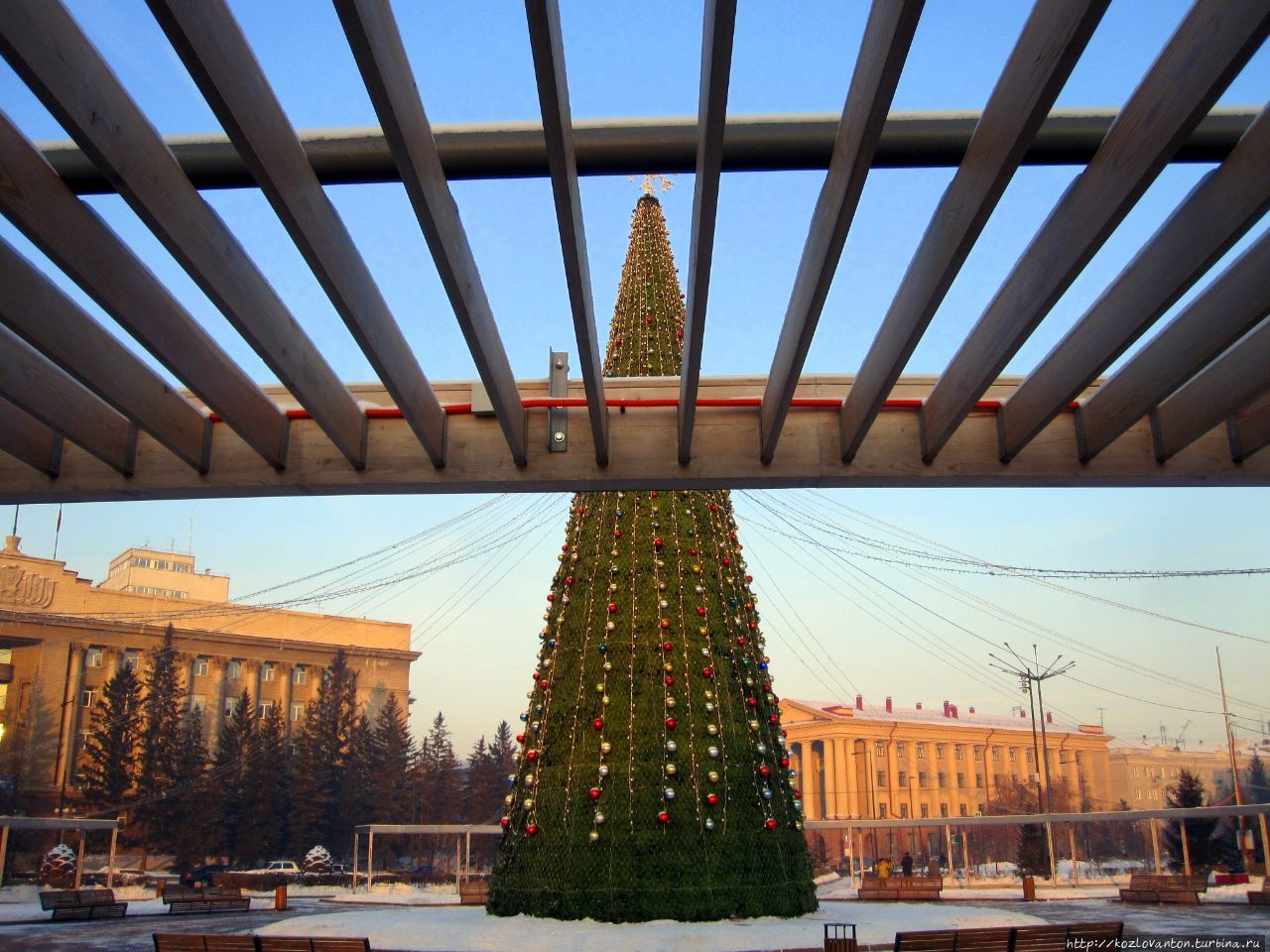 Есть и такой взгляд на ёлку на площади Революции. Красноярск, Россия