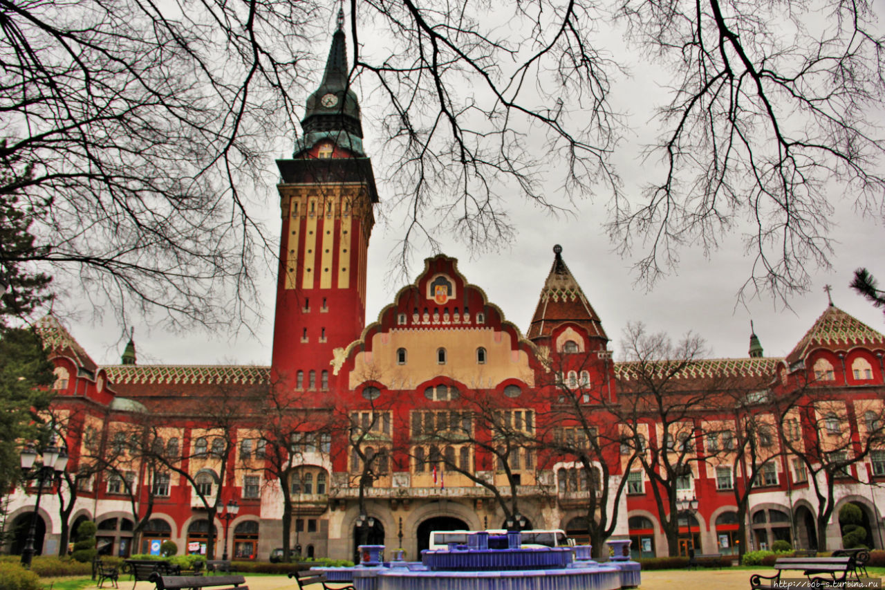 Городская ратуша.
Главный символ города занимает целый квартал и на вид похож на пряничный домик. Архитекторы из Будапешта Марсел Комор и Дежа Якоб воздвигли ратушу в 1912 году, соединив в ее облике декоративные элементы ар-нуво и венгерские национальные мотивы. Как и в прошлом, в ратуше по-прежнему заседают городские власти, но в наше время в ее стенах для простых туристов стала открытой обсерватория, где можно взглянуть на Суботицу с высоты в 45 метров, а также музей и, что изрядно веселит туристов, «Макдональдс». По обе стороны от здания стоят фонтаны, Голубой и Зеленый, отделанные знаменитой черепицей с завода Жолнаи. Суботица, Сербия