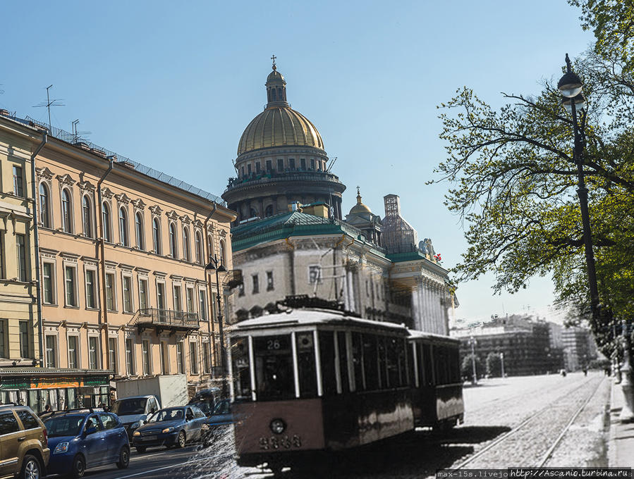 1959 год, Адмиралтейский проезд. В 1907 году именно на этом месте проходила первая линия петербургского трамвая. Сейчас тут даже путей нет, остался только один памятный фрагмент Санкт-Петербург, Россия