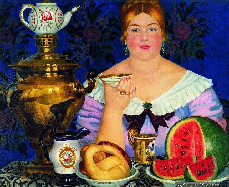 Картине Б. Кустодиева Купчиха, пьющая чай (1923). Из Интернета Саратов, Россия