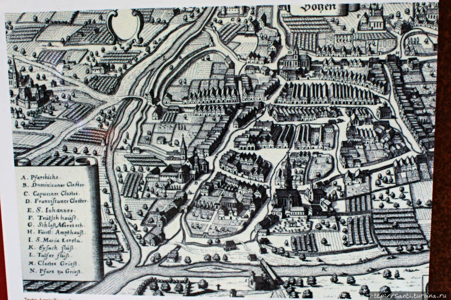 Старинная карта Бозена. Бользано, Италия