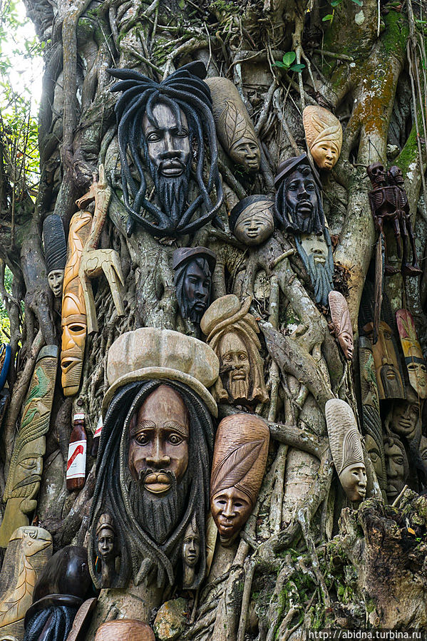 По пути попадаются развешанные на деревьях деревянные головы Боба Марли, которые смотрятся будто вросшие в дерево Очо-Риос, Ямайка
